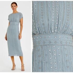 Mac Duggal 93649 Blue Size 4 Beaded Empire Waist Midi Dress Cap Sleeves NWT